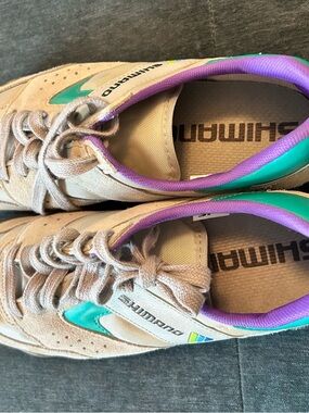 Shimano Women’s Beige Suede Sneakers with Teal & Purple Trim